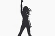 A striking silhouette of a woman exuding strength and determination with her fist raised high in the air.