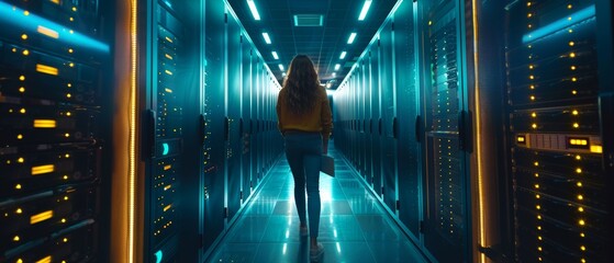 Canvas Print - The image shows a female IT specialist walking along the row of operational server racks while using a laptop to perform maintenance programs.