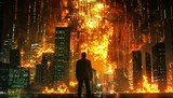 Fototapeta Nowy Jork - Digital Inferno: Matrix Servers Engulfed in Flames of Binary Code. Generative AI