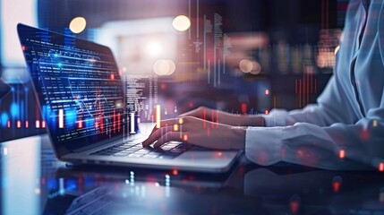 Big data, tech coding of a fintech programmer writing futuristic technology code on computer at night. AI engineer, cloud computing and ux design of software developer checking information database