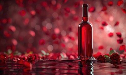 A wine bottle is elegantly suspended in the water with rose petals