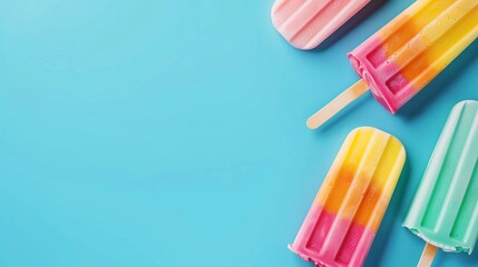 Wall Mural - Colorful popsicles on blue background with copy space. Top view .