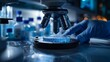 © Moopingz - Highly detailed scene in a modern laboratory with a microscope focusing on a glowing blue petri dish, emphasizing advanced scientific research.