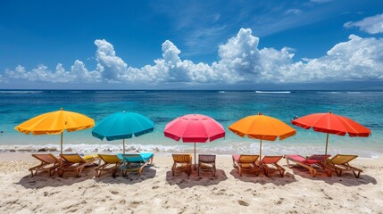 Poster - Group of Lawn Chairs and Umbrellas on Beach