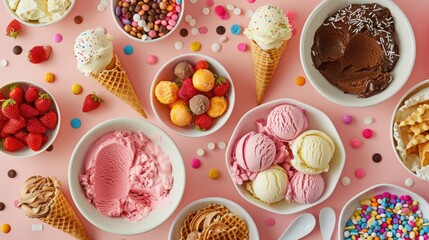 A pink table topped with bowls of candy and ice cream cones a delightful display of cuisine and recreation with magenta accents AIG50