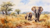 Fototapeta  - Two elephants in the savanna watercolor painting