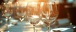 © Inai - Close up of served buffet table with wine glasses at the luxury restaurant. Summer vacation. Romantic ambience for chilling. Generative ai