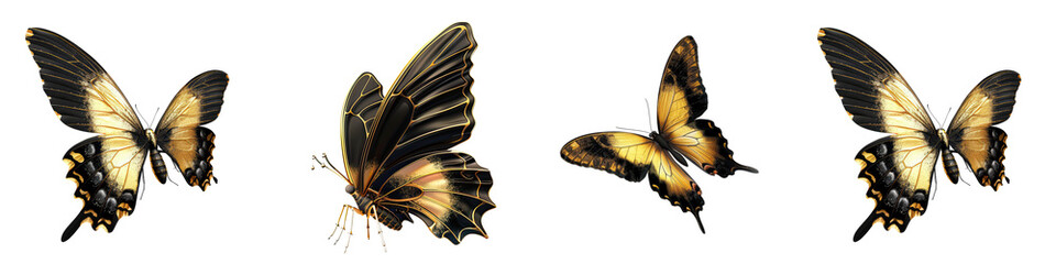 Set of gold and black butterfly flying with transparent, alpha background png