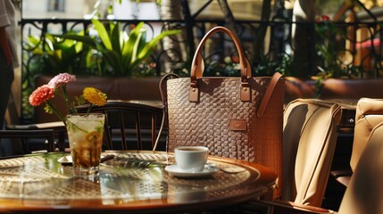 Wall Mural - a taupe-colored tote with woven leather details, harmonizing with the earthy tones of an upscale outdoor cafe.