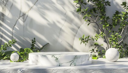 A white marble podium in a 3D-rendered summer scene, accented with green plants and abstract stone elements, ideal for elegant product displays