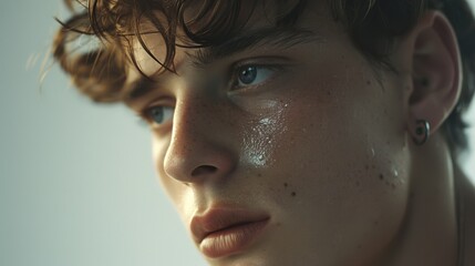 Wall Mural - A close-up image of a young man's earlobe adorned with a single statement earring, adding a touch of rebellion to his overall look. 