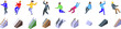 People falling down stairs icons set isometric vector. Health insurance. Accidentally injury