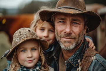 A man in rugged attire poses with two children, infusing a sense of rural family connection