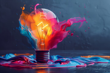 Wall Mural - Colorful creative idea concept with lightbulb made from colorful paint, on a black background, 3D illustration