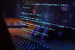 coding, programmer writing programming code script of software on virtual screen