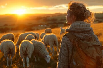 Wall Mural - A serene moment as a woman with a backpack watches the sunset amidst a peaceful flock of sheep in a countryside setting