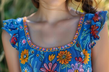 Wall Mural - A young girl wearing a bright blue dress adorned with vibrant flowers