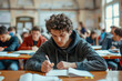 © Lazy_Bear - Concentrated young male student sits at desk and taking exam in school classroom