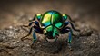 A mesmerizingly detailed beetle, its shell shining with brilliant hues of emerald and gold, its delicate wings shimmering in the sunlight with defocused background.
