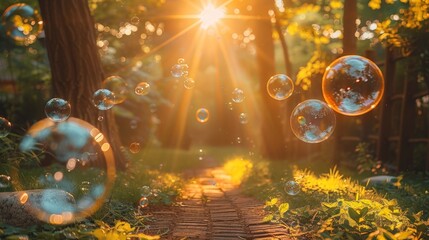 Aufkleber - Soap bubbles float in air amid trees in forest