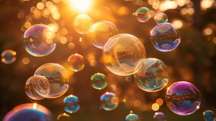 Poster - Soap bubbles drifting in the evening sky, illuminated by the fading sunlight