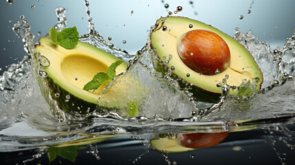 Two avocado halves, a yellow fruit, are falling into the liquid