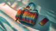 Contents of a women's handbags. Stylish knitted summer bags with different things: multicolored leather wallet, sunglasses and phone. Minimalism concept, minimalist handbag