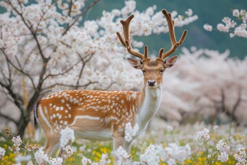 Poster - Deer Standing in Field of Flowers