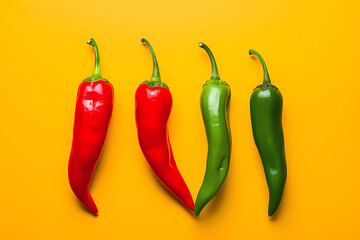 Red, green and yellow chili peppers isolated on yellow background. Vibrant color chili pepper. Hot spicy food ingredient. Empty copy space vegetable background. Flat lay photography of hot spicy chili