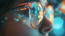 Colorful Reflections In Glasses. Close-up Of A Person's Face Focusing On Their Glasses, Which Reflect Colorful Lights, Creating A Vibrant And Artistic Effect.