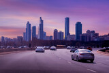 Fototapeta  -  Highway with  city skyline during sunset, Chicago downtown cityscape,
