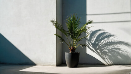 Wall Mural - creative layout of colorful palm leaves on a white background in the rays of the sun, with shadows. 