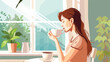Beautiful young woman drinking coffee at home Vector