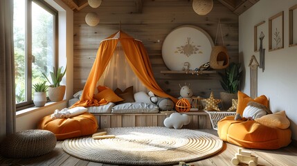 Stylish interior of children room and net cottage with toys in middle of the room in modern house in Scandinavian style.