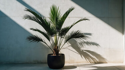 Wall Mural - creative layout of colorful palm leaves on a white background in the rays of the sun, with shadows. 
