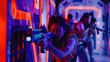 Intense Laser Tag Game in Action, Players in Combat, Futuristic Arena Setting with Neon Lights. Fun, Entertainment, and Strategy. AI