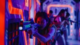 Fototapeta Abstrakcje - Intense Laser Tag Game in Action, Players in Combat, Futuristic Arena Setting with Neon Lights. Fun, Entertainment, and Strategy. AI