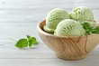 Fresh Basil green Ice Cream in a Wooden Bowl