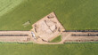 Aerial view of gas and oil pipeline construction and archeological excavations. Big pipeline is under construction.