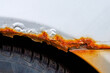 Rust on car body, rusty bubbles under car paint. Wheel arch corrosion closeup. Wheel arch damaged with corrosion. Corroded rusty wheel arch, macro shot