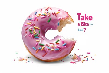 National Donut Day poster featuring a pink donut that when bitten off reveals a soft, fluffy interior and sweet glaze