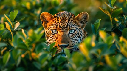 leopard peering through green foliage, close-up portrait with intense gaze. 8k wallpaper. wildlife a