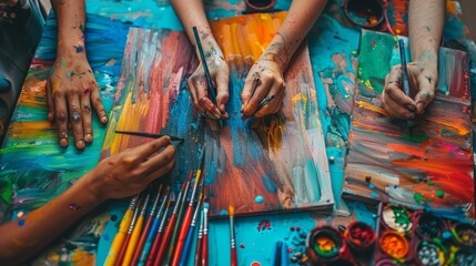 A group of people painting on a canvas together.