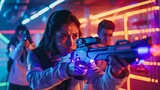 Fototapeta Abstrakcje - Action-packed Laser Tag Game in Colorful Arena. Enthusiastic Players Engage in Indoor Battle. Exciting Leisure Activity for Friends. AI