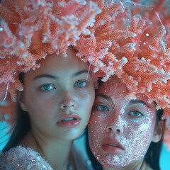 portrait of two beautiful women with coral headpieces and silver glitter on their faces