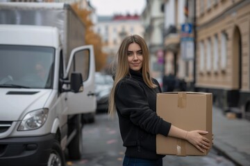 Wall Mural - Woman carrying box while standing by delivery van in city