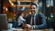 © Mahemud - Business man, phone and portrait in meeting room, happy or email notification for deal, networking or company. Accountant, smartphone and smile in boardroom with typing, fintech and pride at office