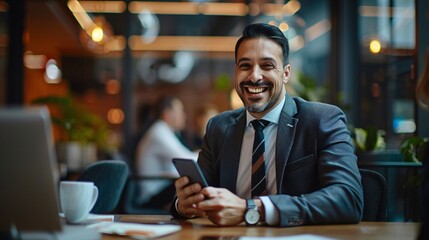 Business man, phone and portrait in meeting room, happy or email notification for deal, networking or company. Accountant, smartphone and smile in boardroom with typing, fintech and pride at office