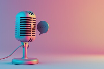 Wall Mural - Studio microphone and chat bubble icon, concept of podcast, communication, conversation.