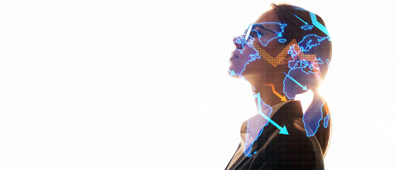 Poster - Double exposure of a woman and a digital world map, bright white background, concept of global connectivity. Generative AI